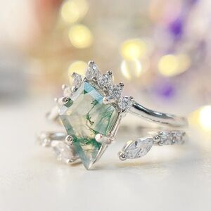 Silver Moss Agate Ring set